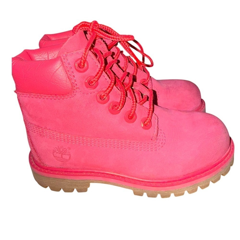 Timberland‎ 6 Inch Girls 10 Pre-Owned Premium Waterproof Boots Neon Pink Nubuck
